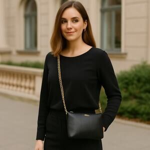 Lodis Emily Convertible Crossbody Purse Black Pebbled Leather Gold Chain